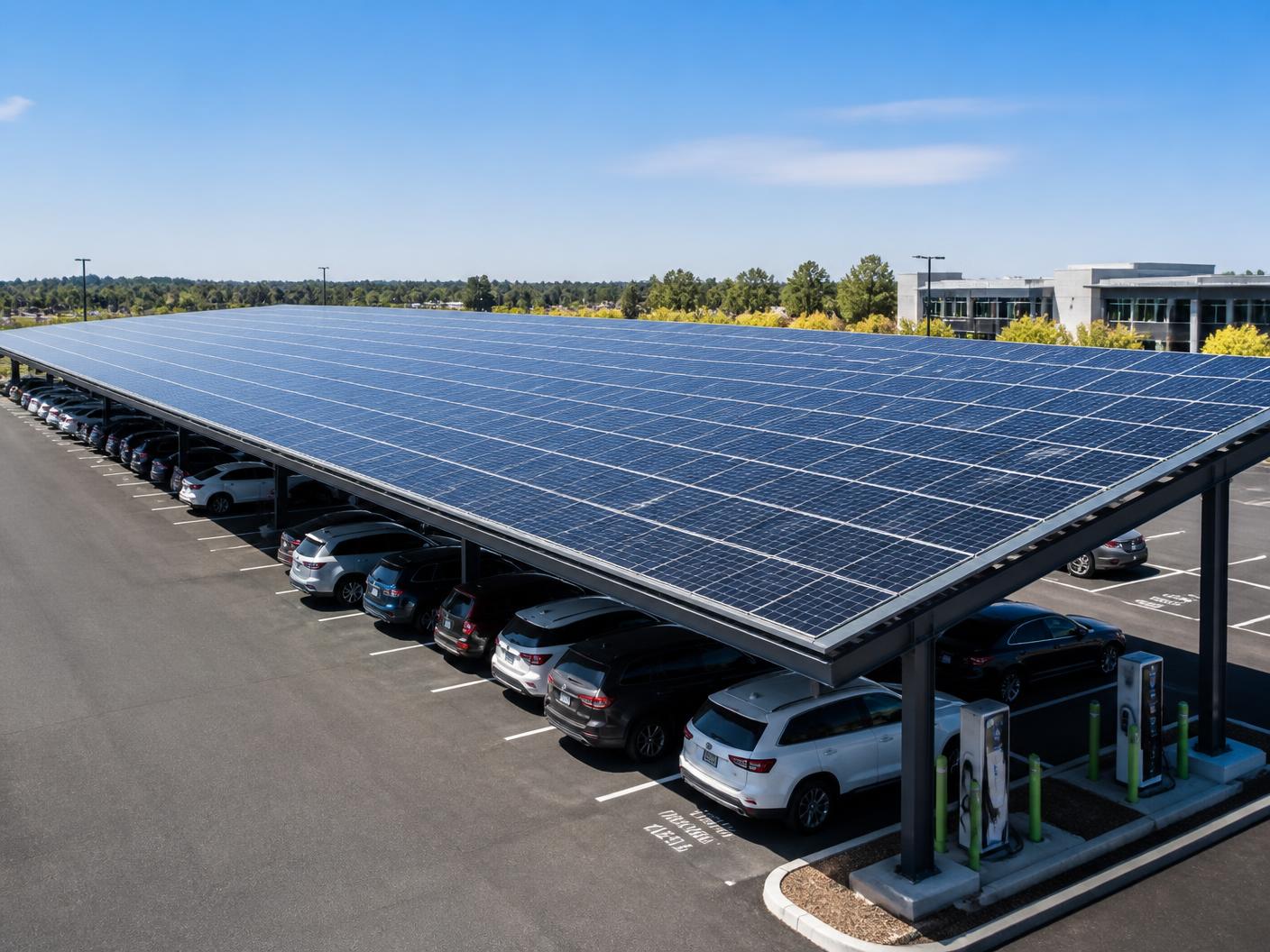 Carport solar canopy over a commercial parking lot