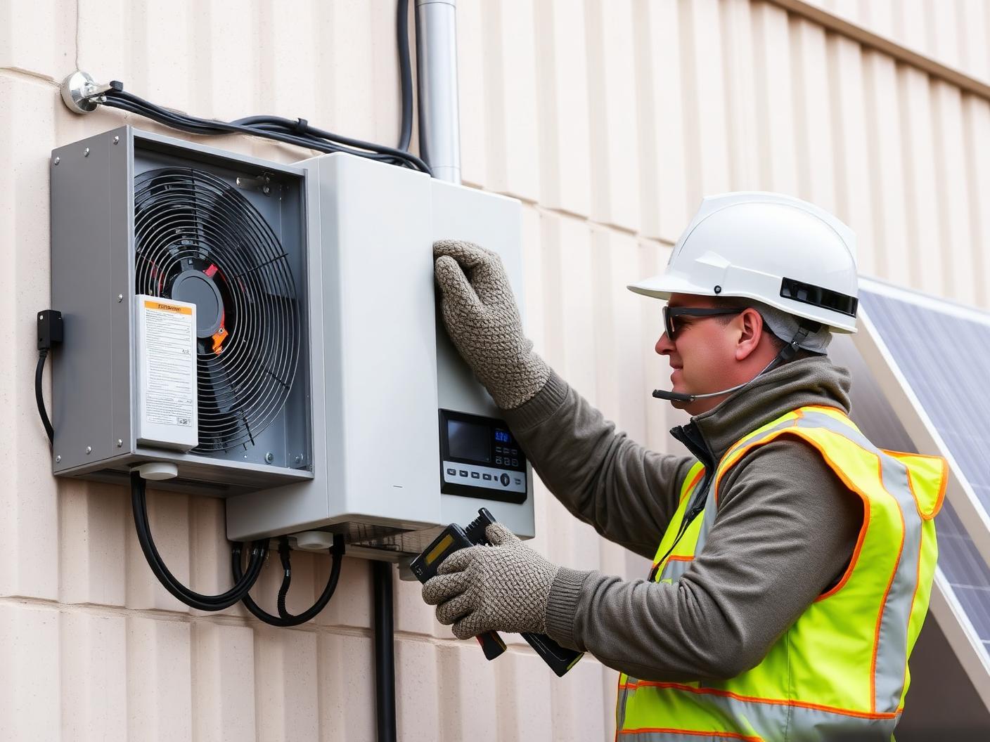 Technician servicing a commercial solar inverter